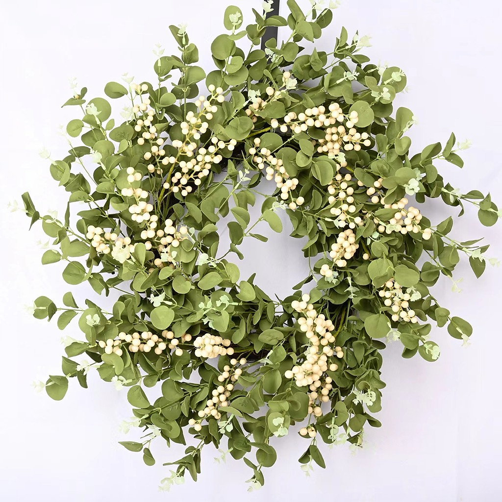 24" Handcrafted Eucalyptus and Berry Everyday Wreath, White/Green