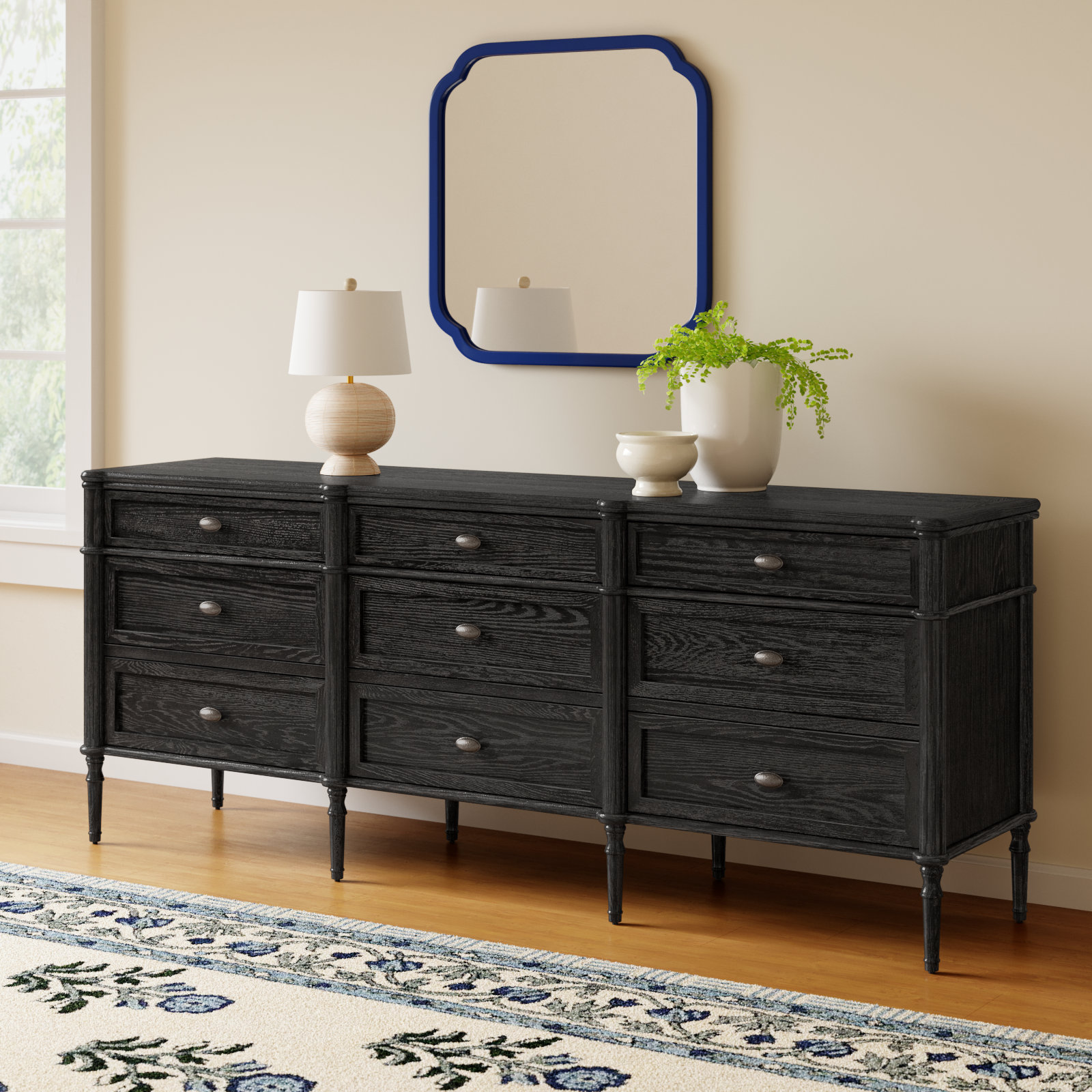 Susie 9 - Drawer 85'' W Dresser, Distressed Black