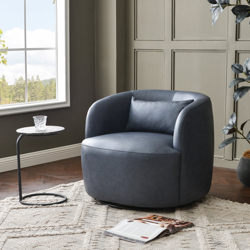 Faux Leather Upholstered Swivel Armchair With Ottoman, Navy