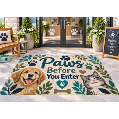 Tapis d'extérieur 152 x 213 cm « Pattes avant d'entrer » - Moquette bouclée en PVC imperméable et résistante, tapis de patio robuste, séchage rapide, idéal pour porche, terrasse, balcon, entrée, VR