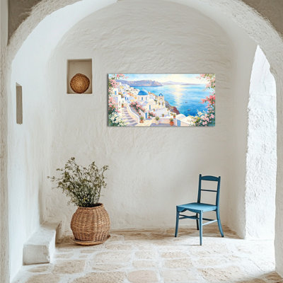 Grand art mural sur toile de style côtier grec de Santorini, photo murale méditerranéenne pour salon, œuvre d'art tendue avec châssis bleu vif et blanc, prête à être accrochée, 24 po x 47 po