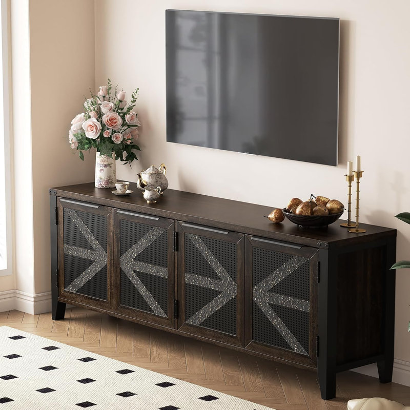 Meuble télé 70 po avec 4 portes et console multimédia industrielle pour téléviseur de 75 po ou moins, Chêne foncé