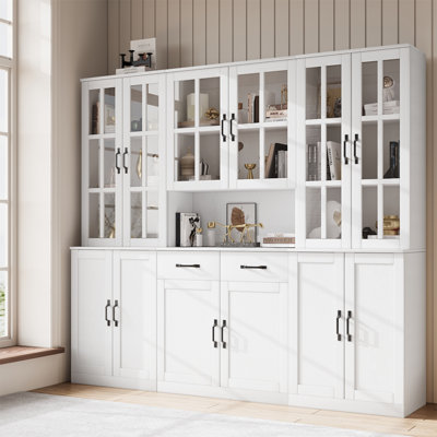 71" H X 78.8" W Bookcase Cabinet With Glass Doors And Large Storage Drawers(2D+E)