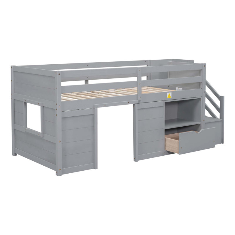 Lit mezzanine simple en bois massif avec escalier, tiroir sous le lit, tablette, Gris