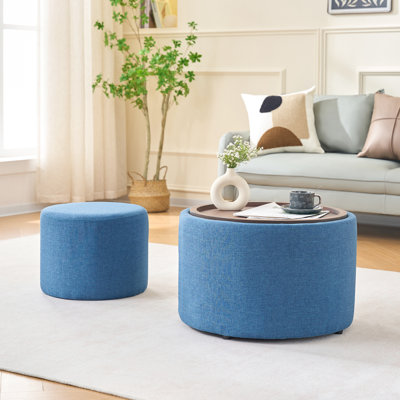 Poufs gigognes ronds bleus en lin, 41 cm de hauteur, multifonctionnels, faciles d'entretien et peu encombrants, pour chambre d'étudiant, en tissu, polyvalents, rembourrage en mousse haute densité.