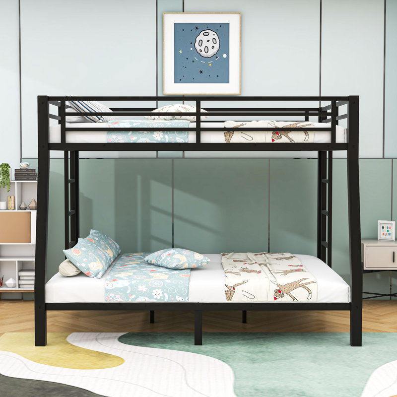 Metal Bunk Bed With Dual Side Ladders And Guardrail, Full XL Over Queen
