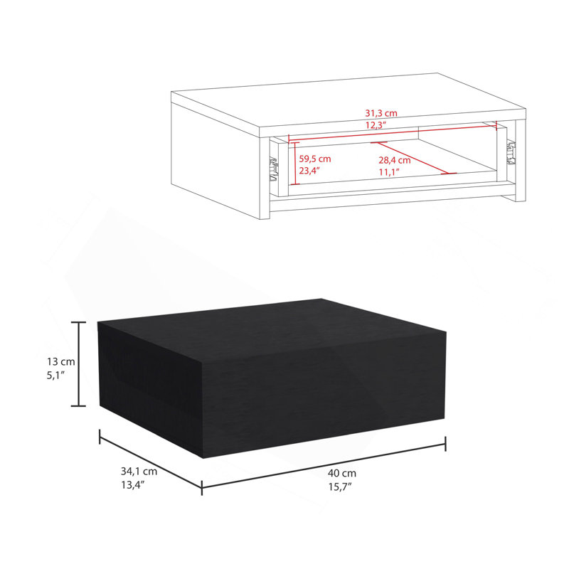 Milano Floating Nightstand , End Table, Side Table Wall-Mounted With Drawer -Black -Bedroom, Particle Board, Black