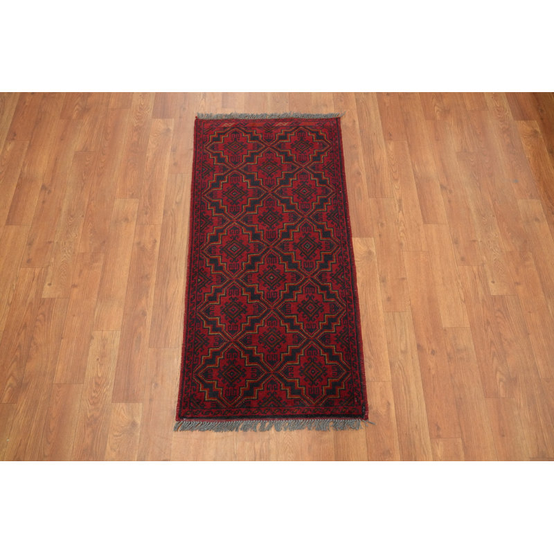 Tapis rouge foncé et bleu marine traditionnel à motifs tribaux afghans 2x3