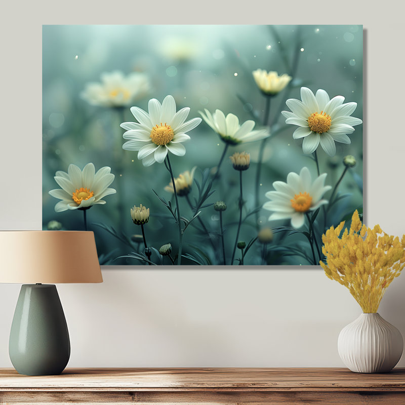 Nirvana blanc et blanc - marguerites, art mural, Métal métal, H 24 po x l 32 po x P 1 po