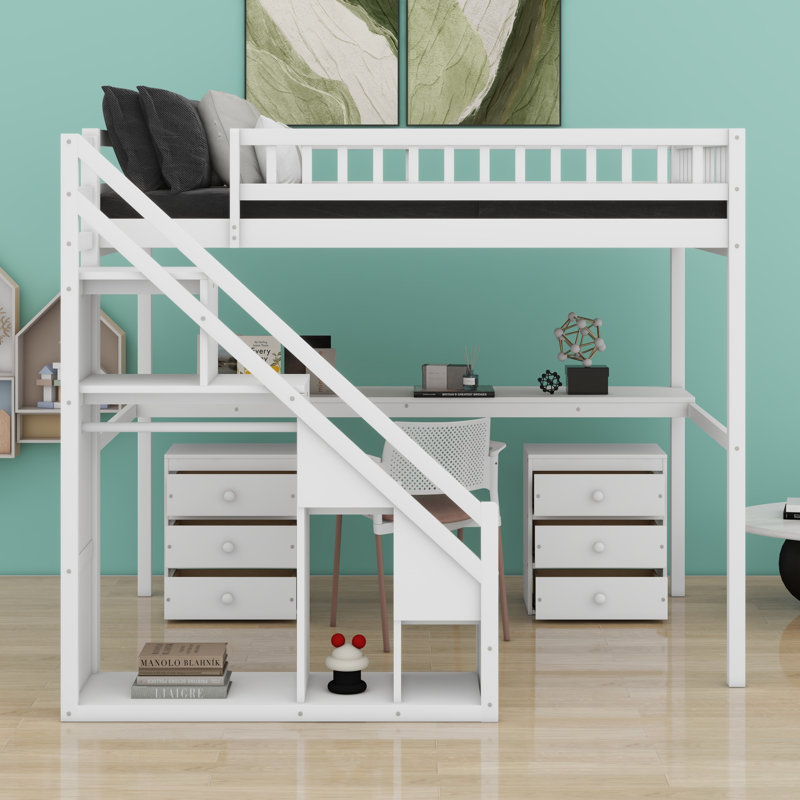 Lit mezzanine avec commode, bureau et bande lumineuse, Blanc