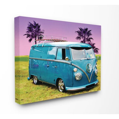«Vintage 70s Blue Bus avec des palmiers mauves», impression
