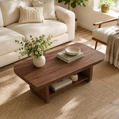 Table basse de 47,2 pouces en forme d'éventail avec tablette de rangement inférieure, finition grain de bois de noyer, table de centre Mid-Century moderne pour le salon, mobilier d'appoint de style campagnard