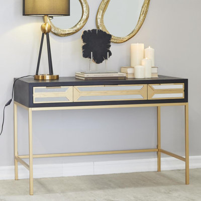 Thetisa Iron Writing Desk with Built-In Electrical Outlet