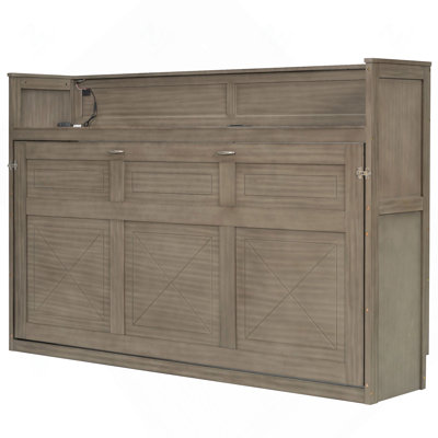 Lit escamotable en bois, format double XL, avec bureau intégré, éclairage DEL et station de chargement USB, gris