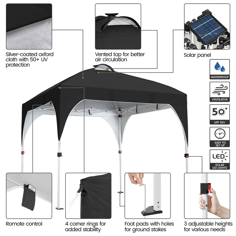 10 ft x 10 ft Black Steel Pop-Up Canopy Tent with LED Lights