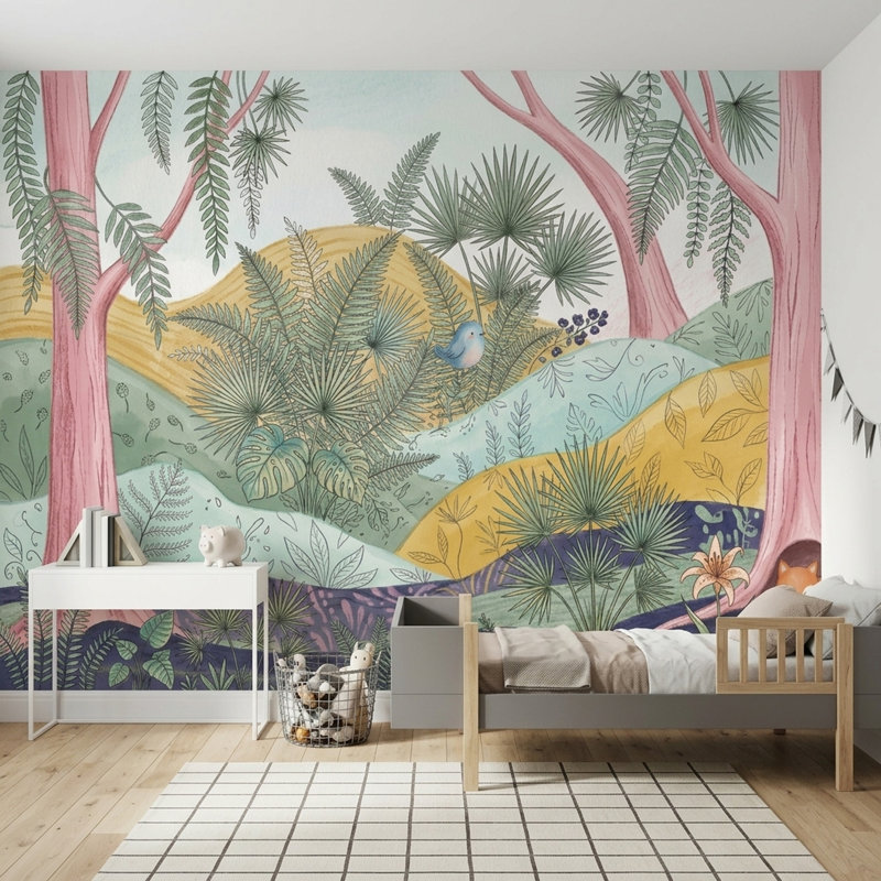 Murale de livre de contes de forêt fantaisiste, 200 po x 120 po, Texturé non collé