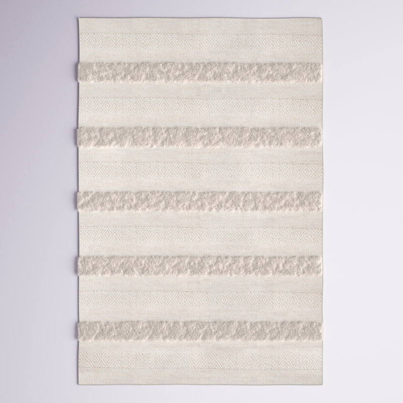 Sandisfield Handwoven Ivory/Beige Striped Wool Area Rug, Rectangle 6' x 9'
