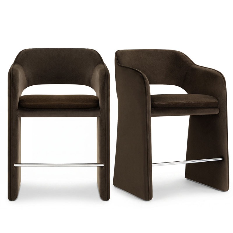 24" Velvet Upholstered Low Back Counter Stool Fully Assembled With Arms (Set Of 2), Chocolate Brown