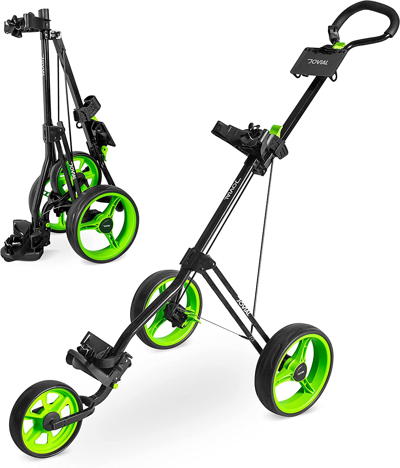 SereneLife Chariot de golf à 3 roues - Support de sac de golf à roulettes  pliable léger avec support supérieur / inférieur avec sangle élastique,  carte de pointage, porte-gobelet et sac et