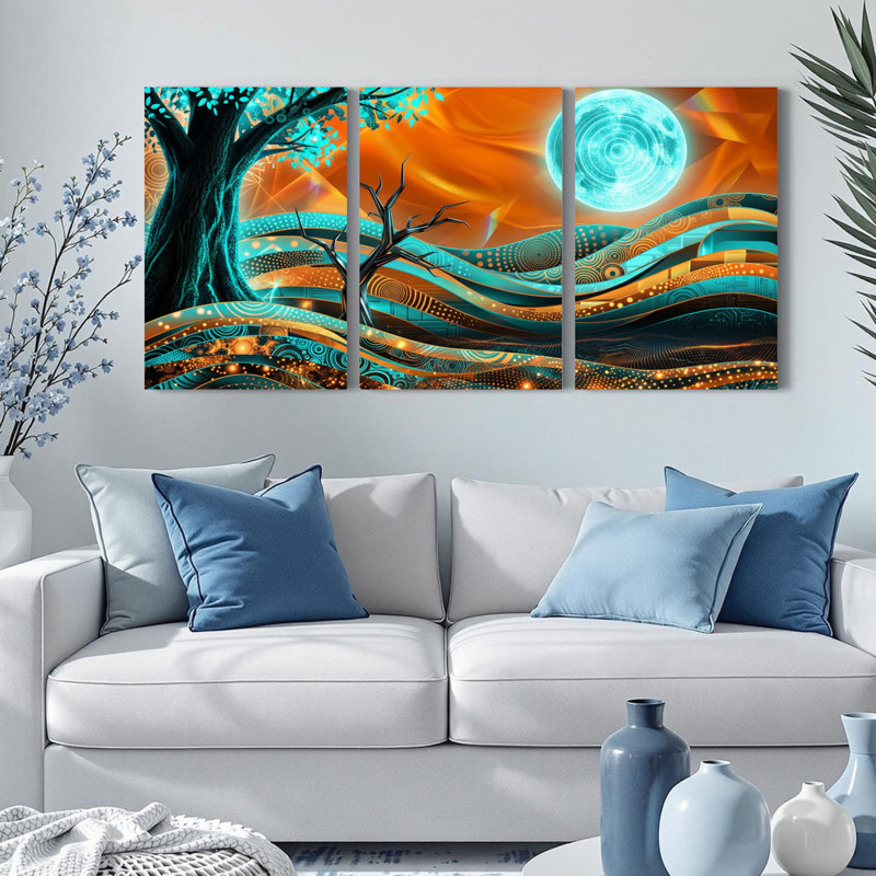 Ensemble de 3 tableaux sur toile représentant un paysage abstrait d'arbre et de lune, H 36 po x l 72 po