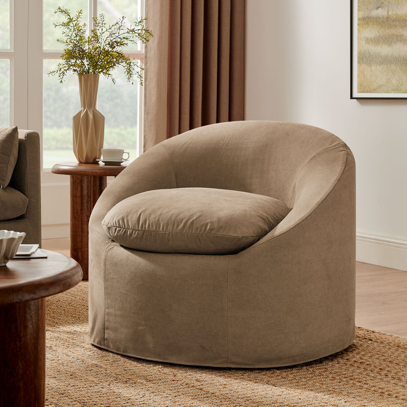 Fauteuil d'appoint rond en mélange de lin et amande Sadie, Amande