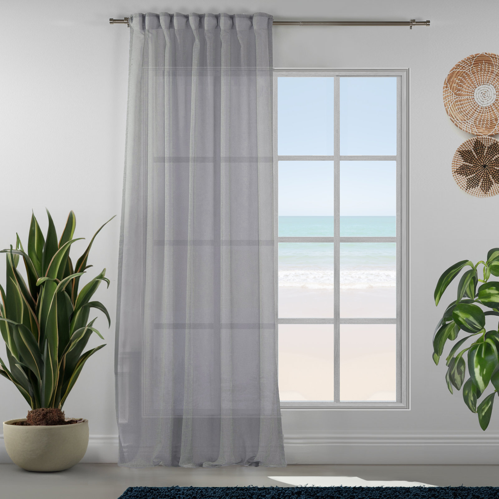 Linen Sheer Single Curtain Panel, Silver, 52" W x 228" L