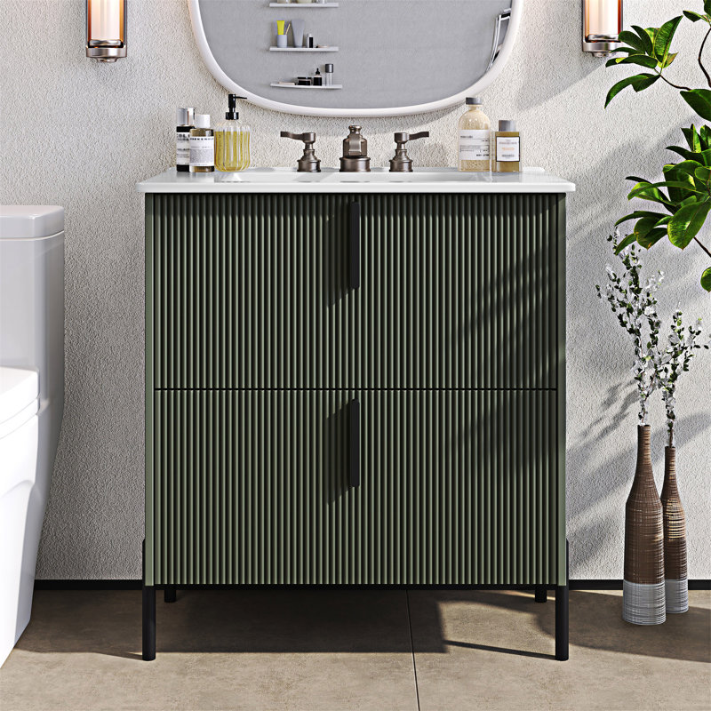 Bathroom Vanity With Ceramic Sink And Drawers, Green