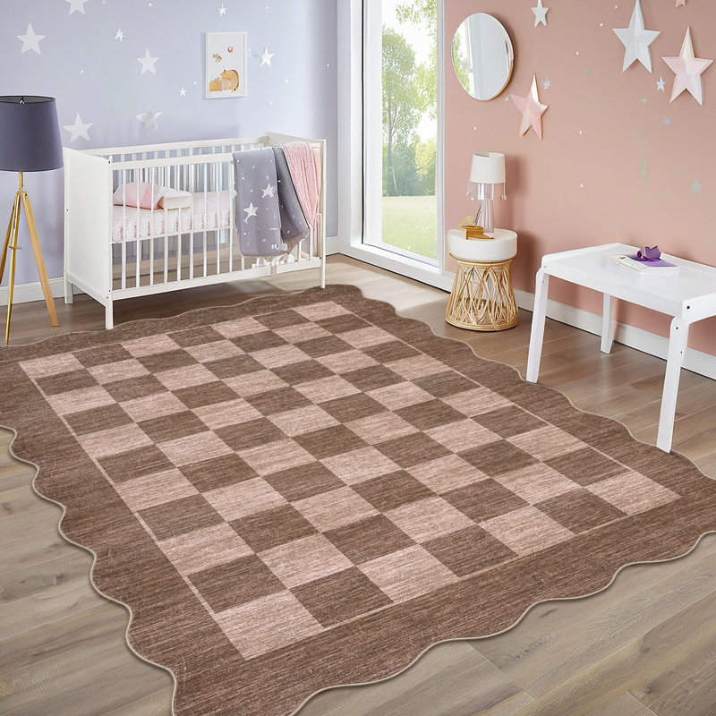 Washable Scalloped Rug Modern Checkerboard Rug Non Slip, Soft Non Shedding Thin Carpet, Indoor Low Pile Foldable Carpet, Contemporary Printed Mat for Living Room Bedroom