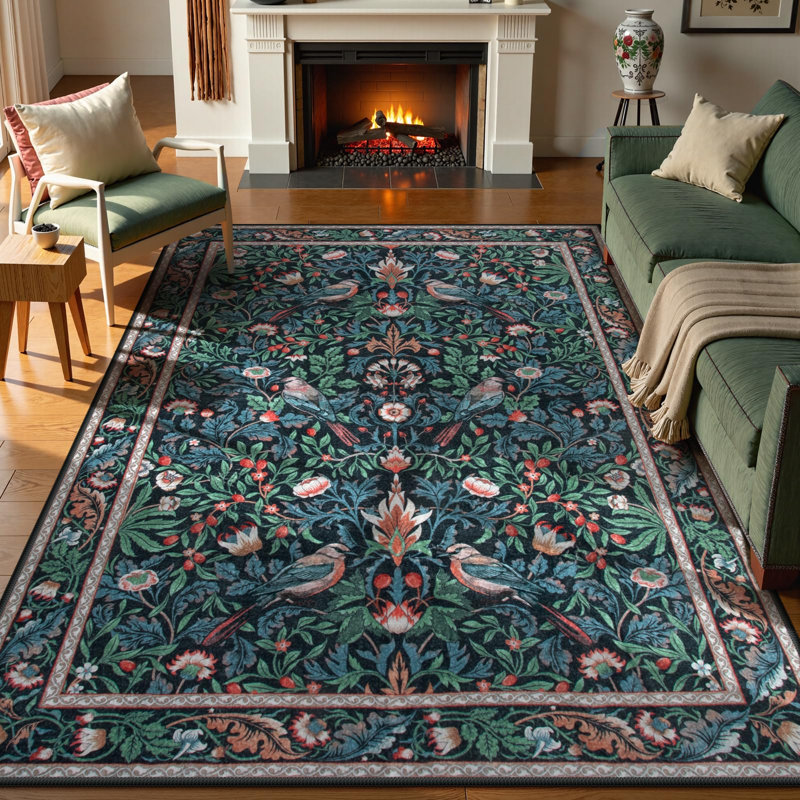 Tapis à poils courts lavable à la machine à imprimé d'oiseaux rétro avec envers antidérapant, Rectangulaire 8 pi x 10 pi
