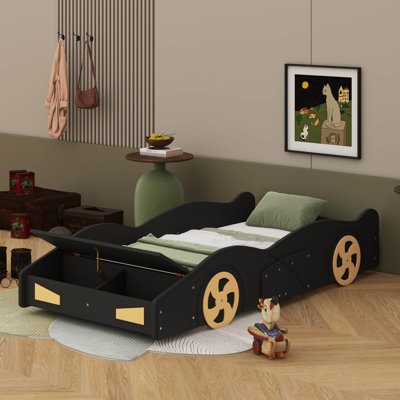 Solid Wood Platform Bed Shaped Like A Race Car With Storage And Wheels