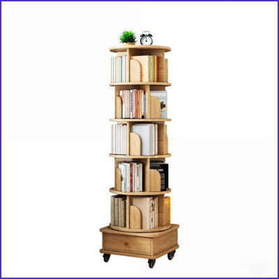 Bookshelf, 6 Tier 360° Rotating Round Spinning Bookshelf with Wheels &amp; Drawer, Wood Color for Small Spaces | Engineered Wood | MDF