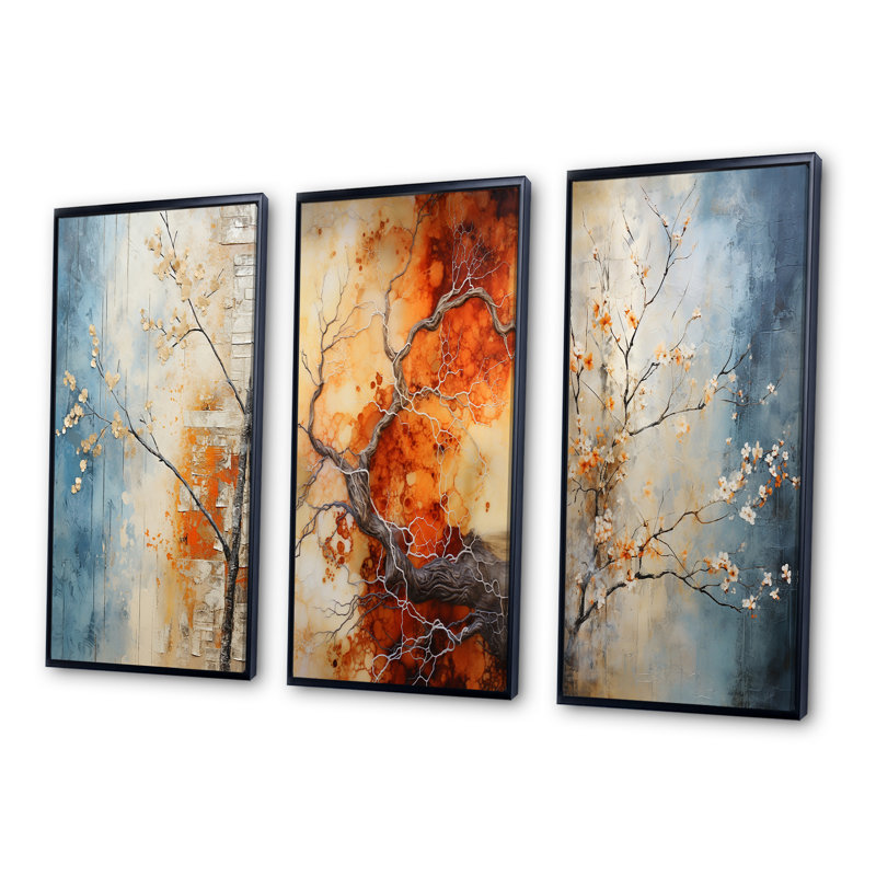 «Orange Teal Maple Tree Glowing Embers», 3 pièces sur toile, Cadre flottant noir, H 32 po x l 48 po
