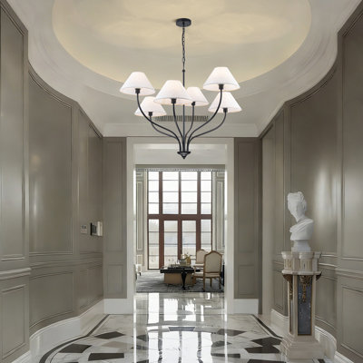 Lustre maison de campagne à 6 lumières l 37,4 po à intensité variable avec abat-jour en lin blanc, luminaire suspendu classique traditionnel