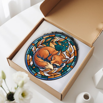Sleeping Fox Stained Glass Window Panel，7.8H