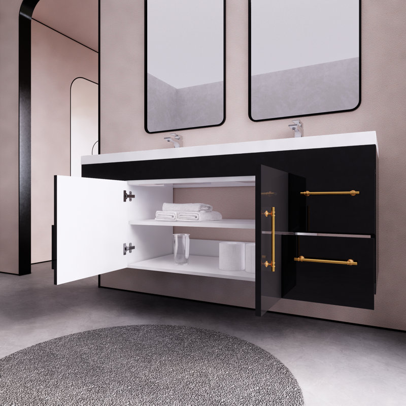 59.05'' Double Bathroom Vanity with Acrylic Top, Glossy Black