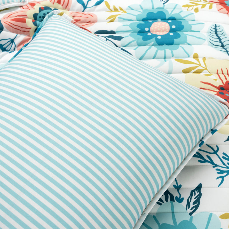  Blue Microfiber Reversible 3 Piece Quilt Set, Queen Quilt + 2 Standard Shams, Blue/Dusty Pink