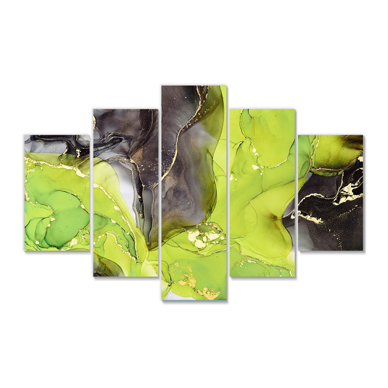 Abstract Luxury Green Black Fluid Art Canvas Modern 5-Panel Set - Abstract Fluid Art I