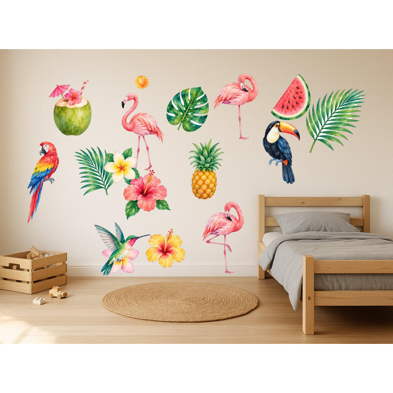 Flamingo Tropical Wall Decals, Set of 17 Peel and Stick Nursery Wall Stickers, Satin Finish Removable Kids Room Wall Art, 20"W x 20"H (50 x 50 cm)