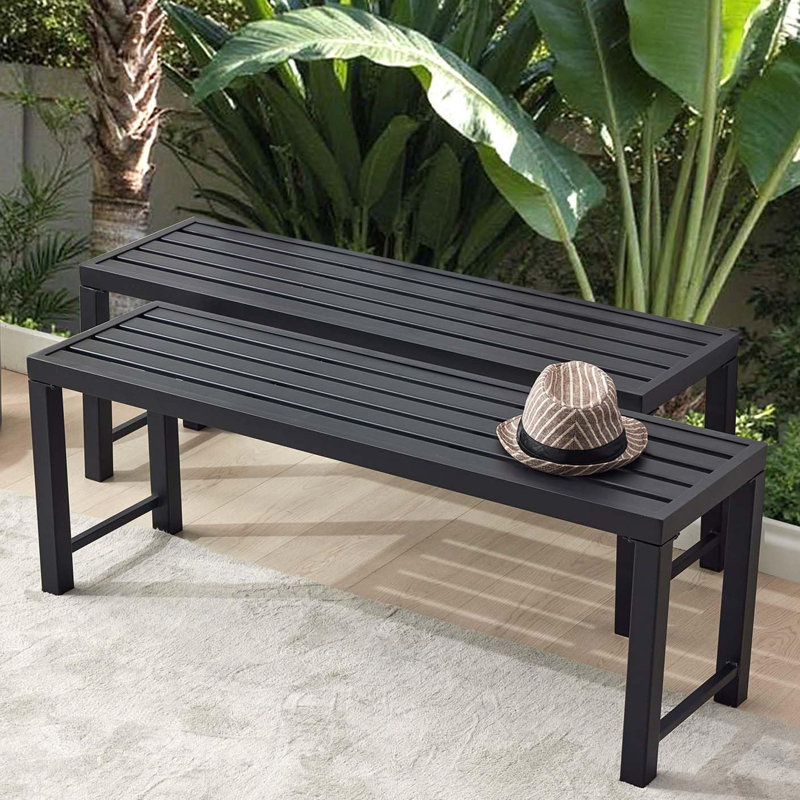 Ensemble de 2 bancs d'extérieur en métal résistant aux intempéries, banc de patio sans dossier pour jardin, support à plantes multi-usage et support
