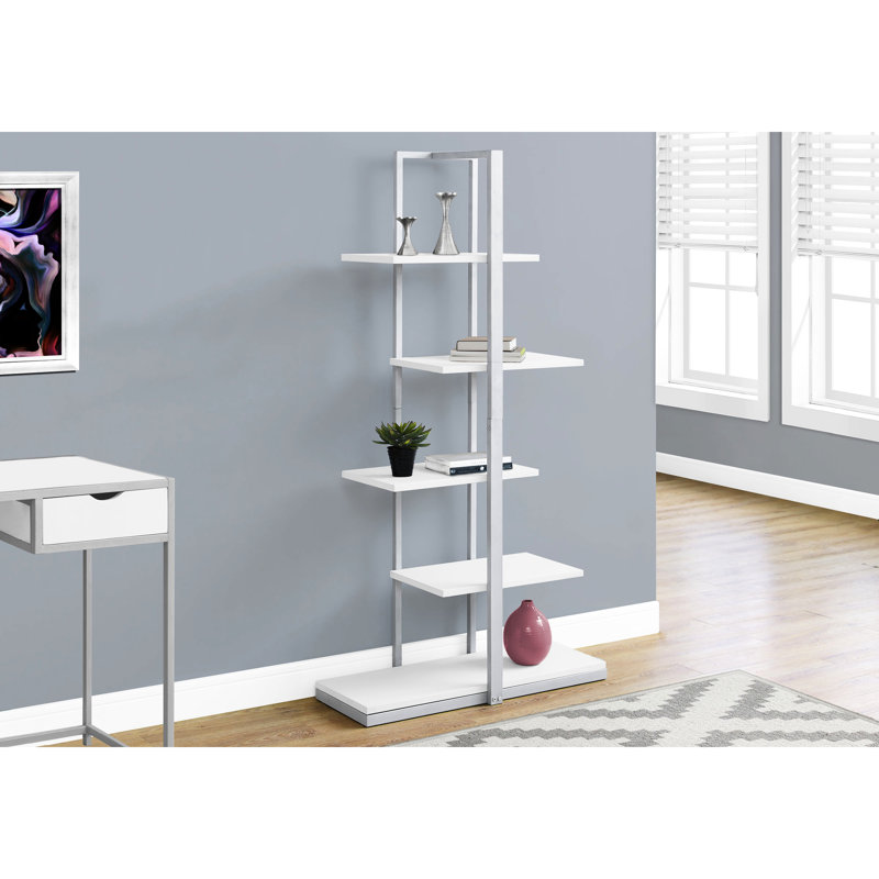 60"H With Grey Metal, 5 White Shelves For Modern Homes Bookcase Laminate, Metal Base Bedroom Use