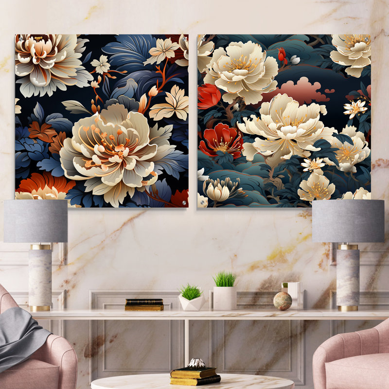 Influences de la dynastie Ming - ensemble de 2 peintures murales en acrylique en Chine, H 16 po x l 33 po