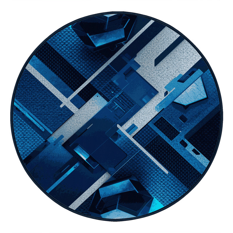 Machine Washable Wynsum Sleek & Chic Modern Geometric Shapes Rug in Blue – Navy Binding, 7' Round