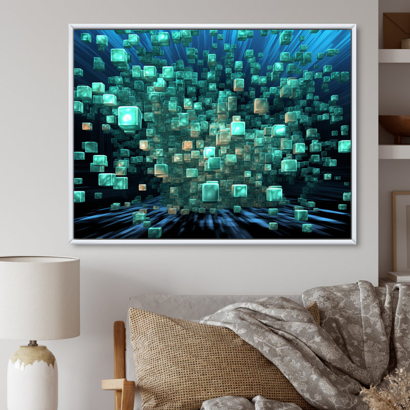 Matrix galaxie abstrait bleu foncé et turquoise - imprimé, H 12 po x l 20 po, Cadre photo argenté