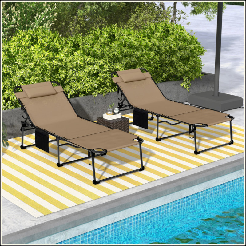 2 Piece Folding Chaise Lounge With 5-Level Reclining Back, Outdoor Tanning Chair With Reading Face Hole, Outdoor Lounge Chair With Side Pocket & Headrest For Beach, Yard, Patio