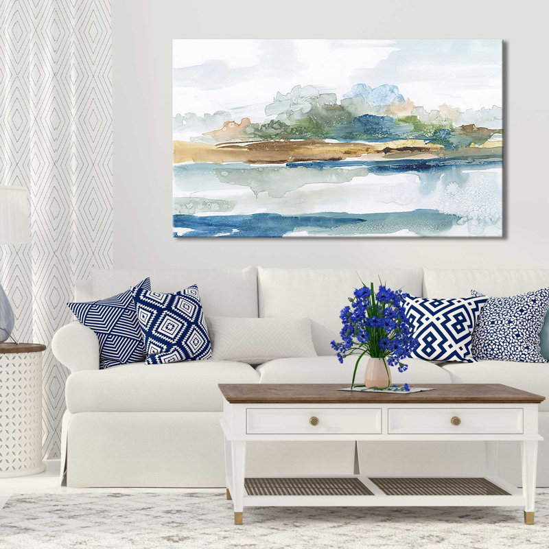«Blue Solace» par Nan - Peinture, Toile tendue, H 36 po x l 60 po x P 1,5 po