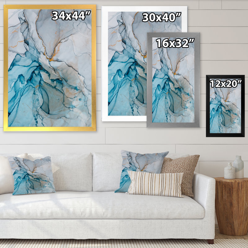 «Gray Meets Blue Marble Art Ripples III», reproduction d'art moderne sur toile, Toile avec cadre photo noir