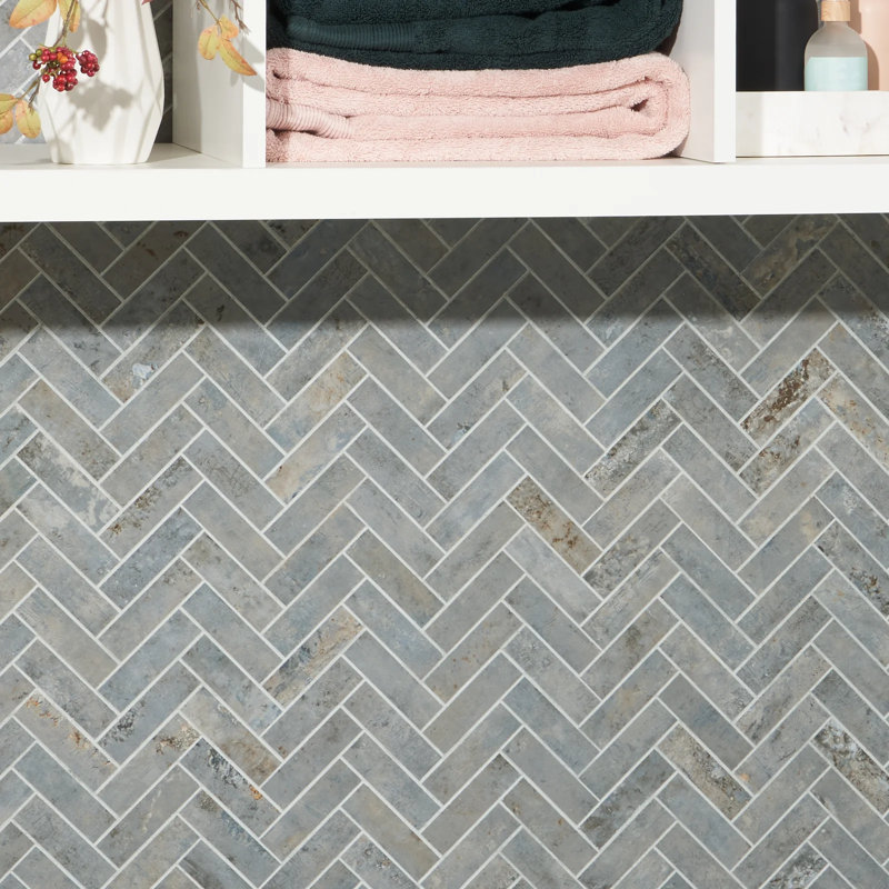 Portrait Herringbone Matte Porcelain Mosaic, Ocean Blue