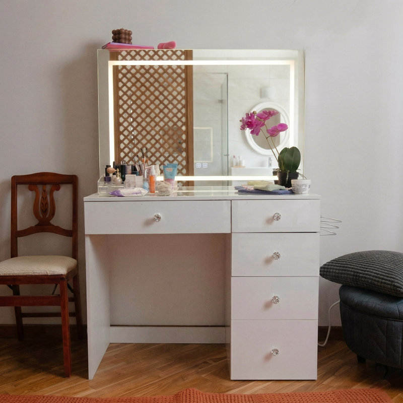 Boahaus Lyra Vanity Desk with LED Mirror and Built-In Speakers – Compact Makeup Vanity Designed as a Complete Dressing Station with Integrated Power