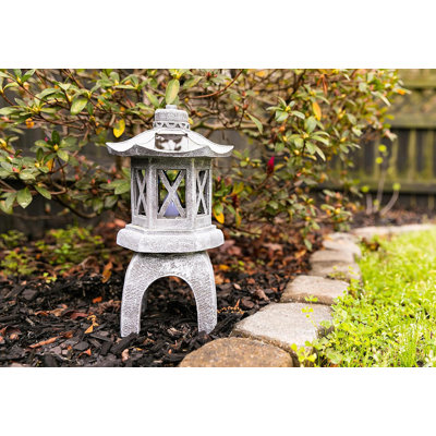 Solar Pagoda Garden Statue With Flickering LED, 12 Inch Resin Japanese Zen Lantern, Outdoor Yard Patio Decor For Lawn Art