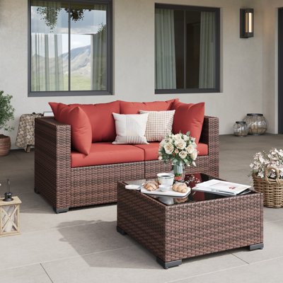 Ensemble de conversation en osier pour 2 personnes avec coussins et table basse